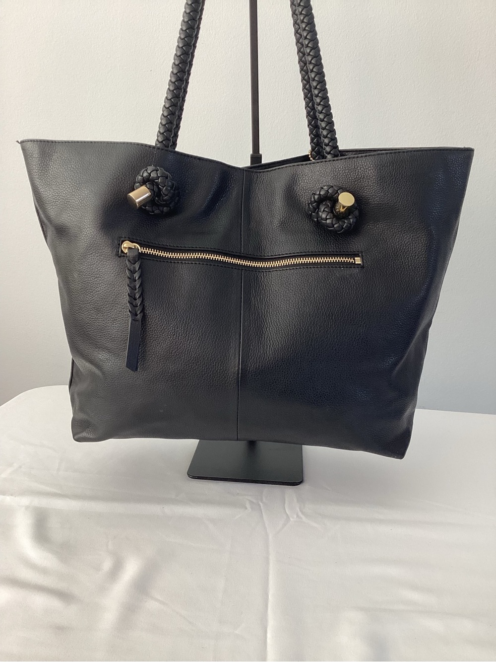 Clarks Black Pebbled Leather Tote Bag Braided Straps Large Shoulder Purse 18x12